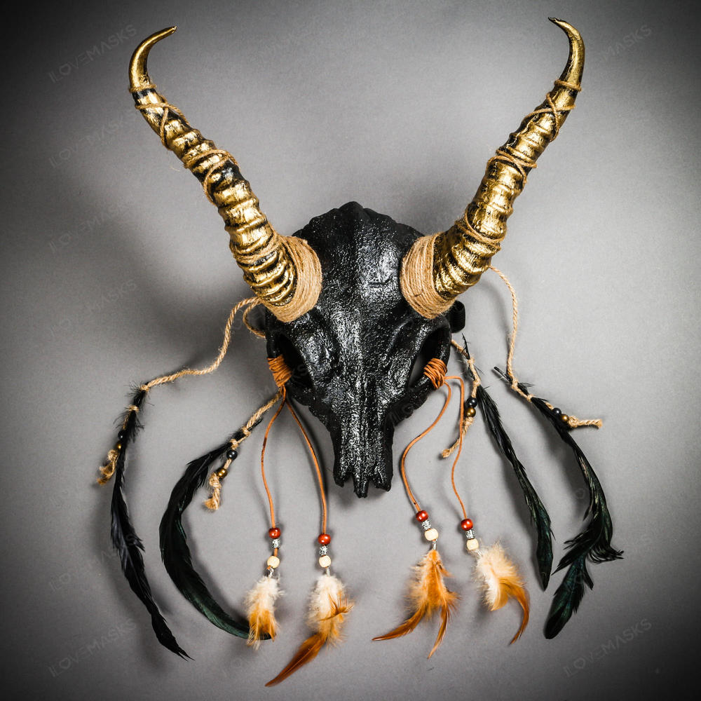 Antelope Devil Animal Skull with Gold Impala Horns Masquerade Mask - Black
